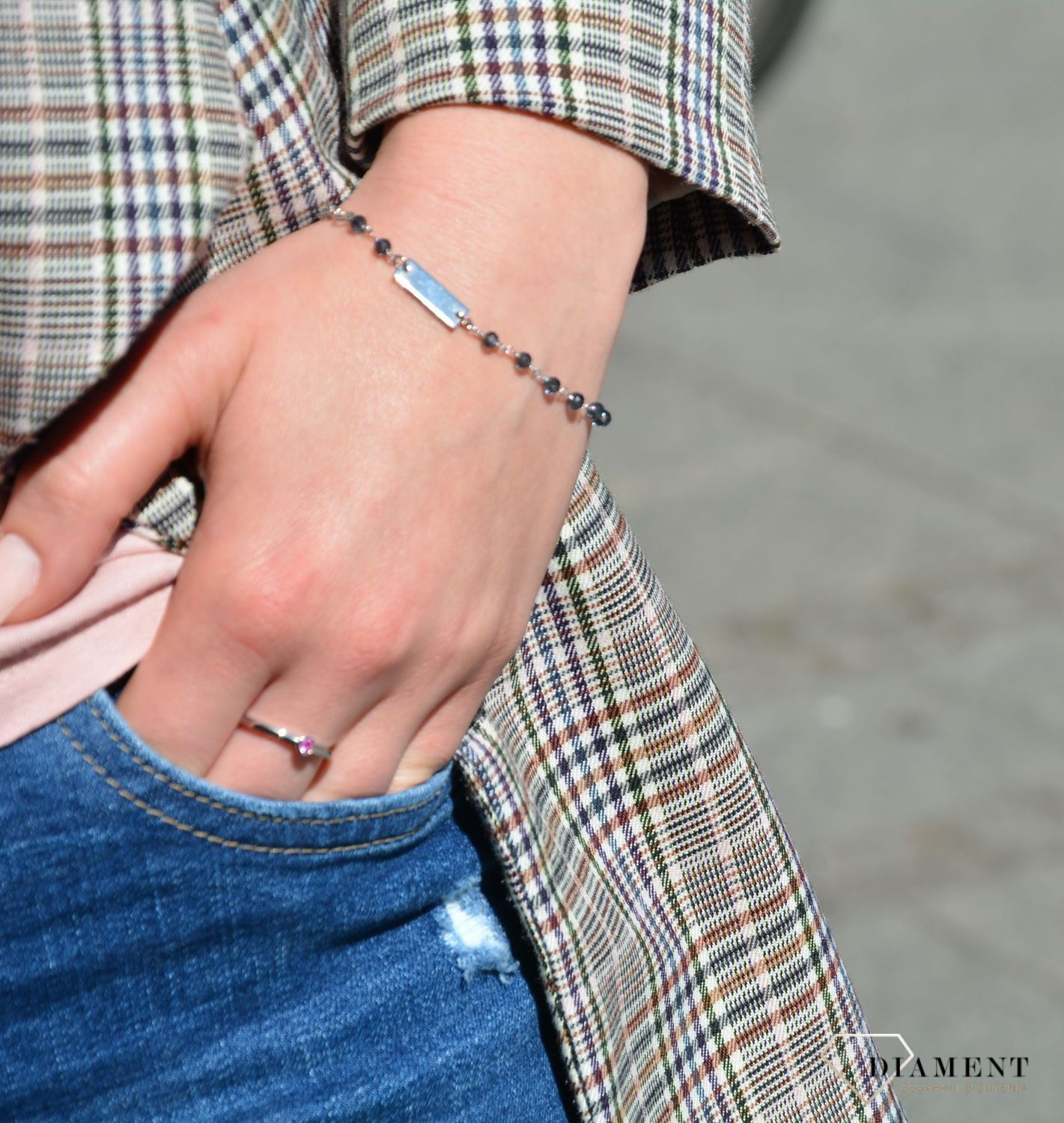 Bransoletka srebrna koraliki granatowe z blaszką Dall'Acqua B RM18144 054.jpg